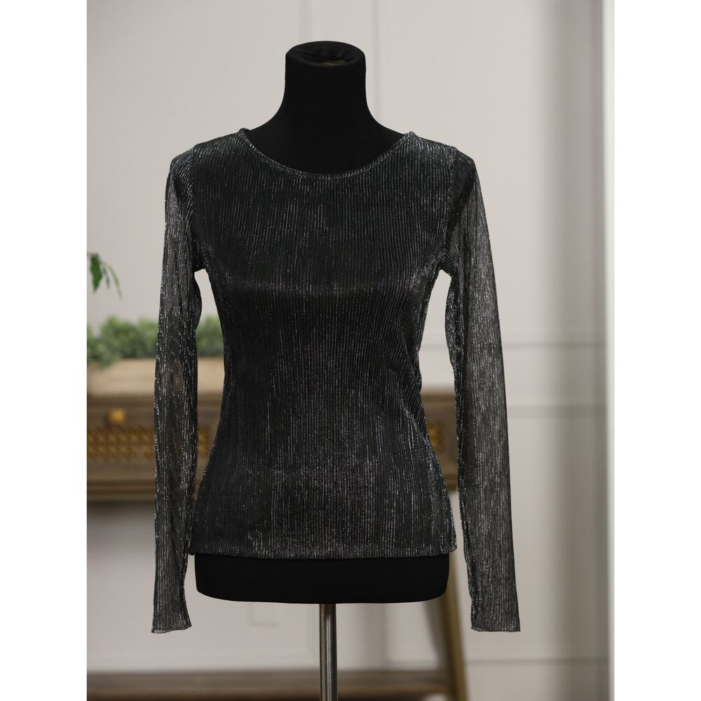 Rachel Zoe Sheer Metallic Top Black Silver Long Sleeve Shimmer Party Evening S